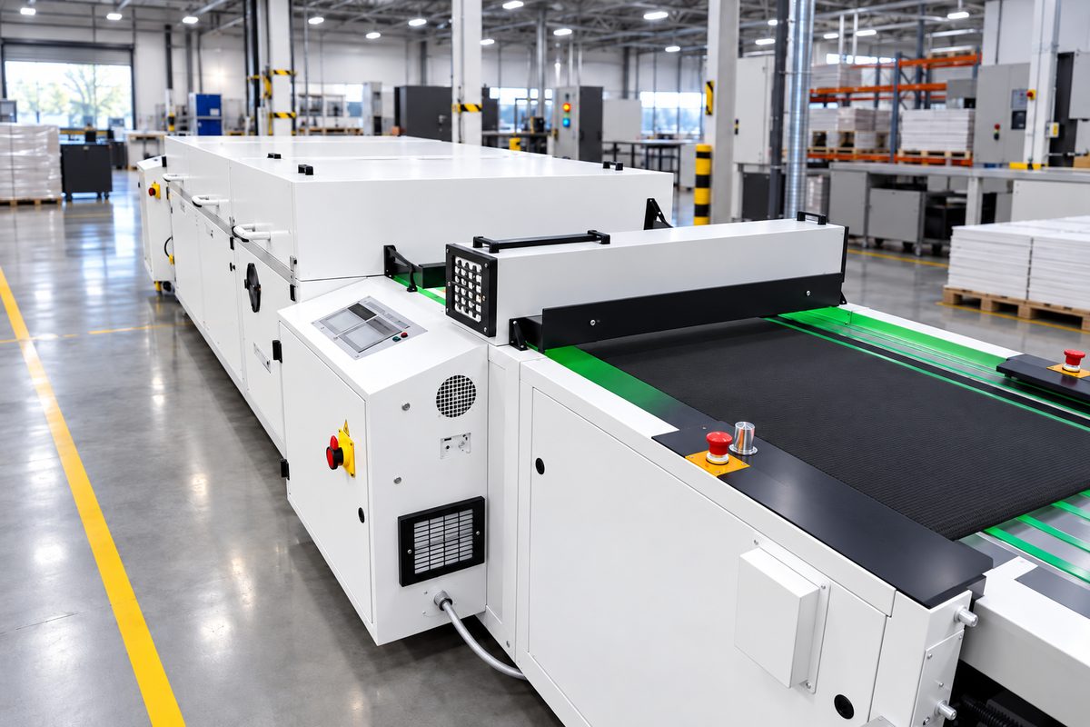 UV curing tunnel with conveyor belt in an industrial plant